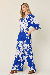 Double Take Full Size Printed Tie Back Wide Leg Jumpsuit OutfitFlow